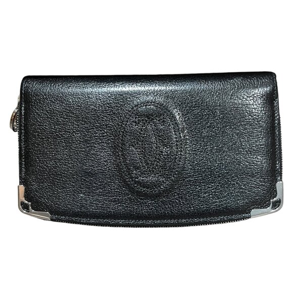 CARTIER: Black Leather Double C Logo Long Wallet #1306
